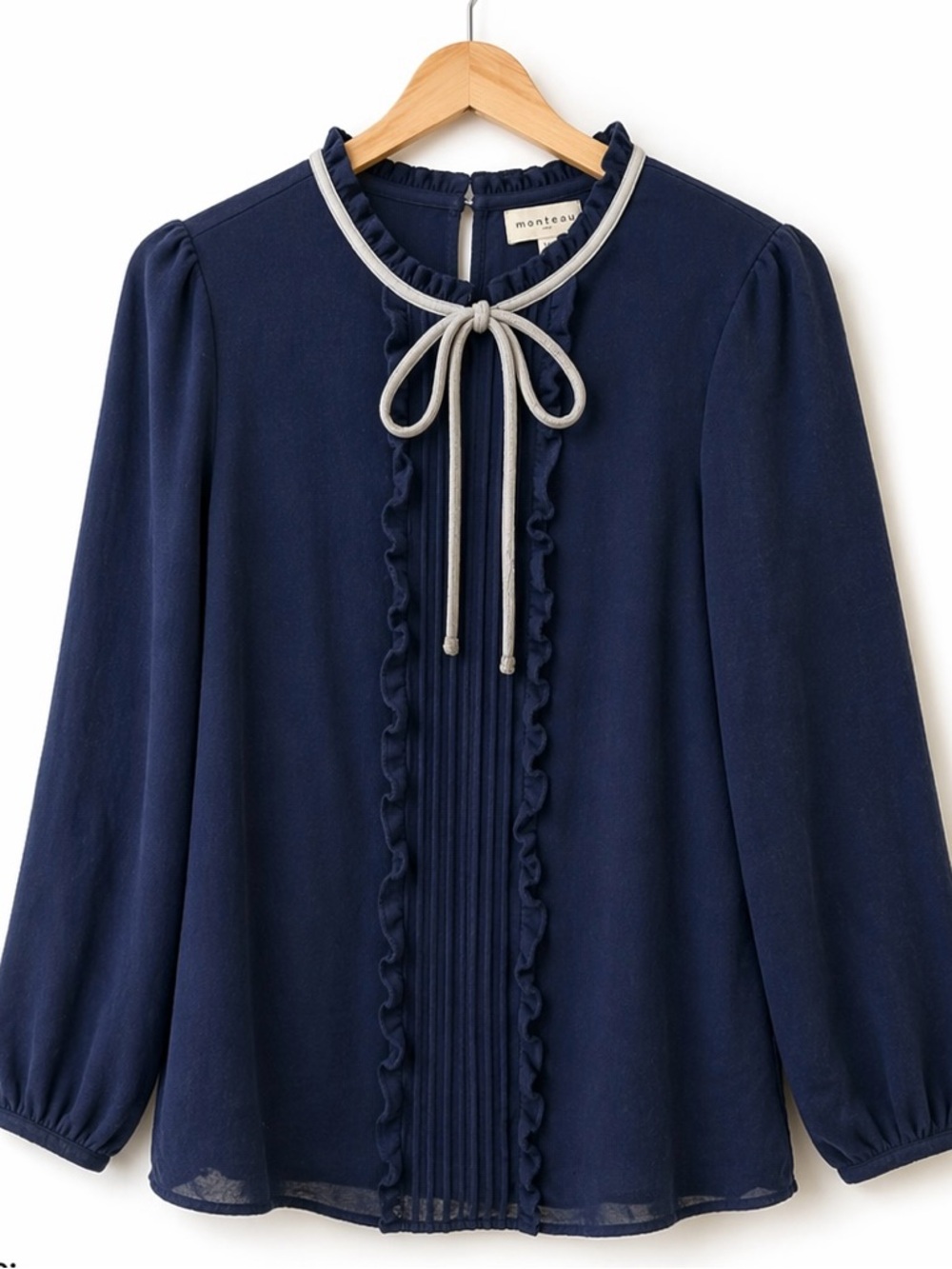 Monteau Navy Ruffle Blouse Contrast Trim Tie Neck Long Sleeve Top XL